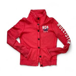 Hollister Vintage Y2K Surf Preppy Coral Spellout Button Fleece Track Jacket S/M